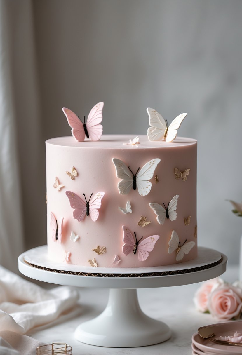 A pale pink cake decorated with hand-painted butterfly designs on a white cake stand.