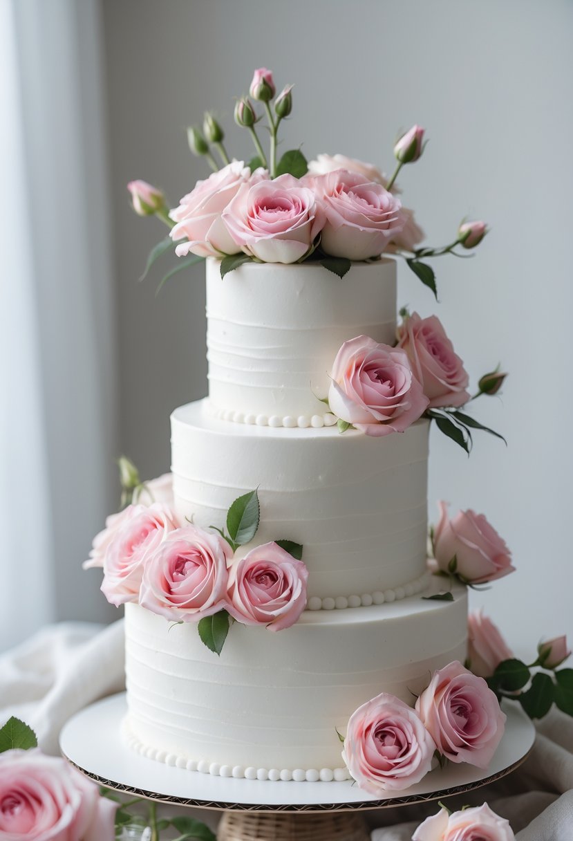 A white tiered cake decorated with fresh pink roses on a plain background.