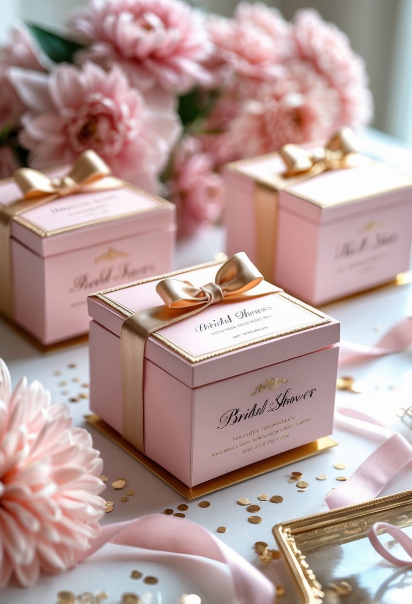 Personalized pink and gold favor boxes arranged with flowers and ribbons on a light surface.