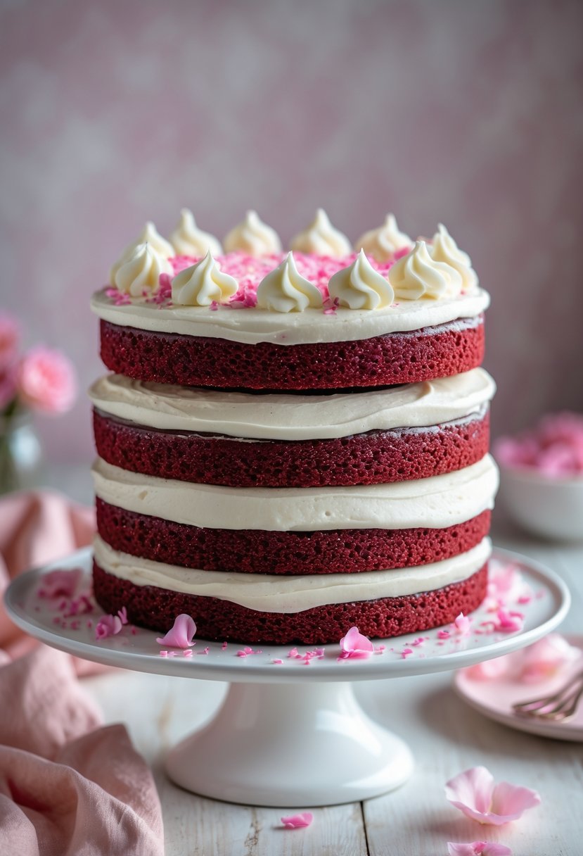 A pink velvet cake with white cream cheese frosting on a white cake stand, displayed on a wooden table with a softly blurred background.
