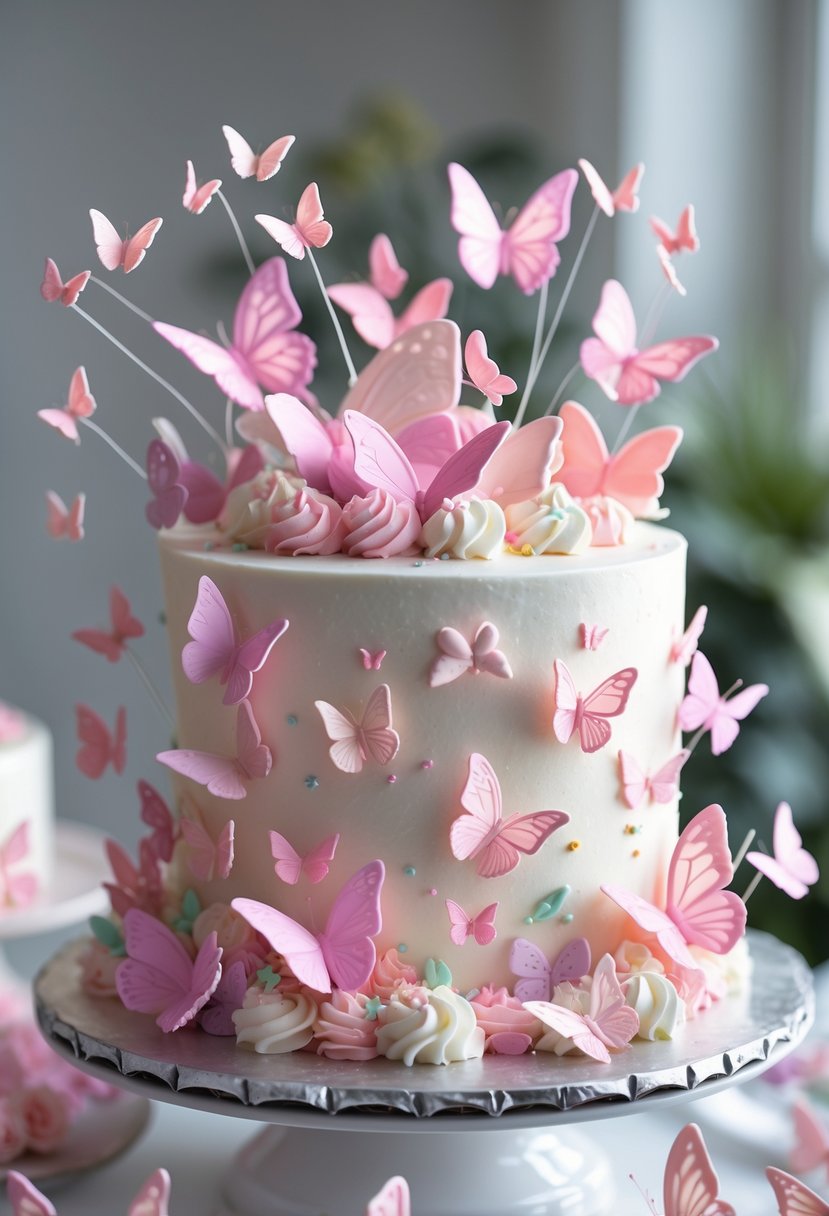 A birthday cake decorated with vibrant pink and pastel butterfly decorations on white frosting.