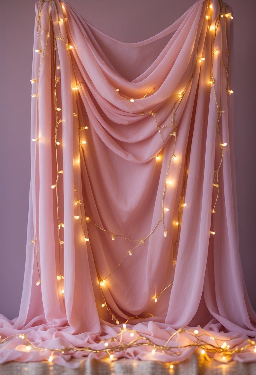 Soft pink chiffon fabric backdrop with warm glowing gold fairy lights.