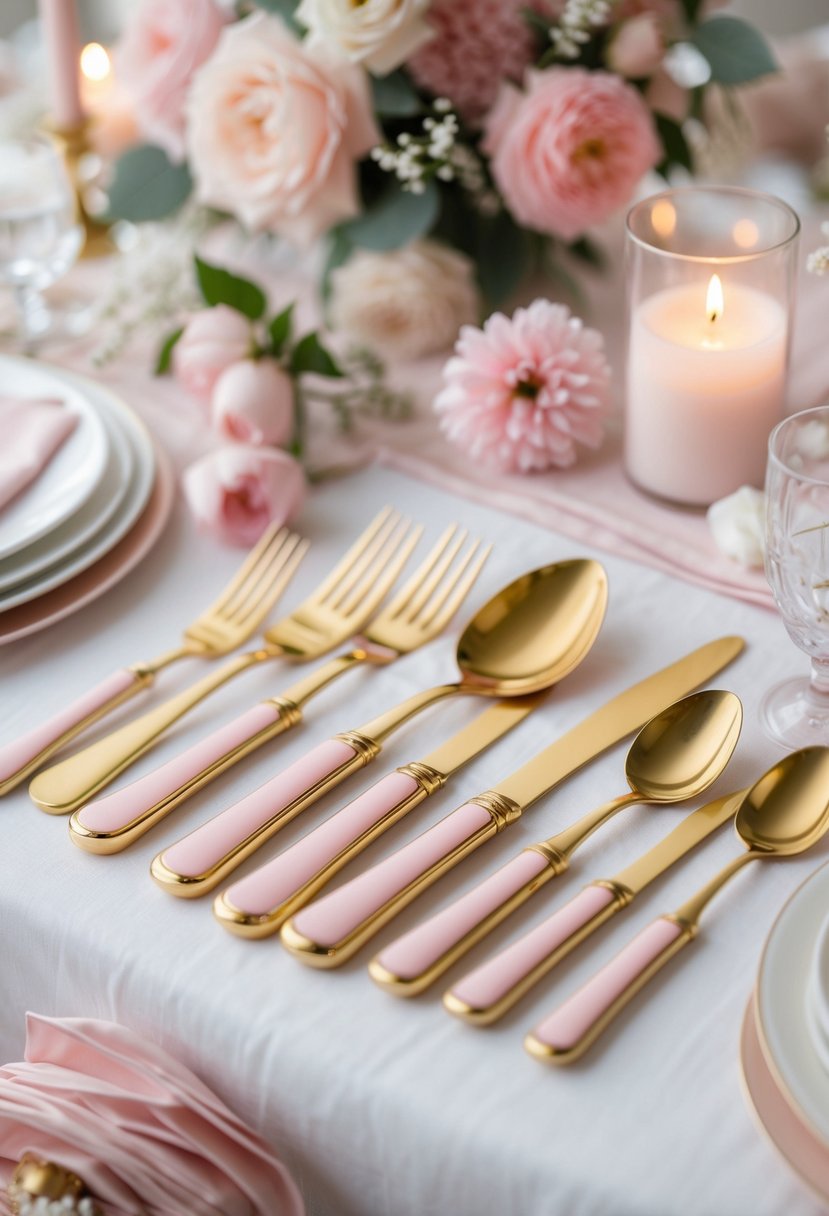 A table set with gold cutlery and pink-handled knives surrounded by pink floral decorations and soft linens.