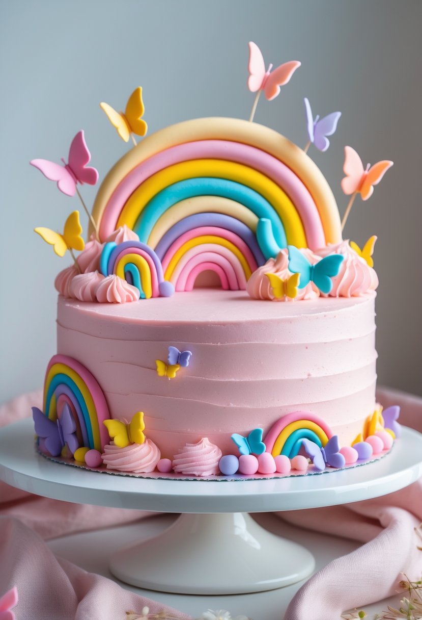 A pink cake decorated with fondant rainbows and colorful butterflies on a white cake stand.