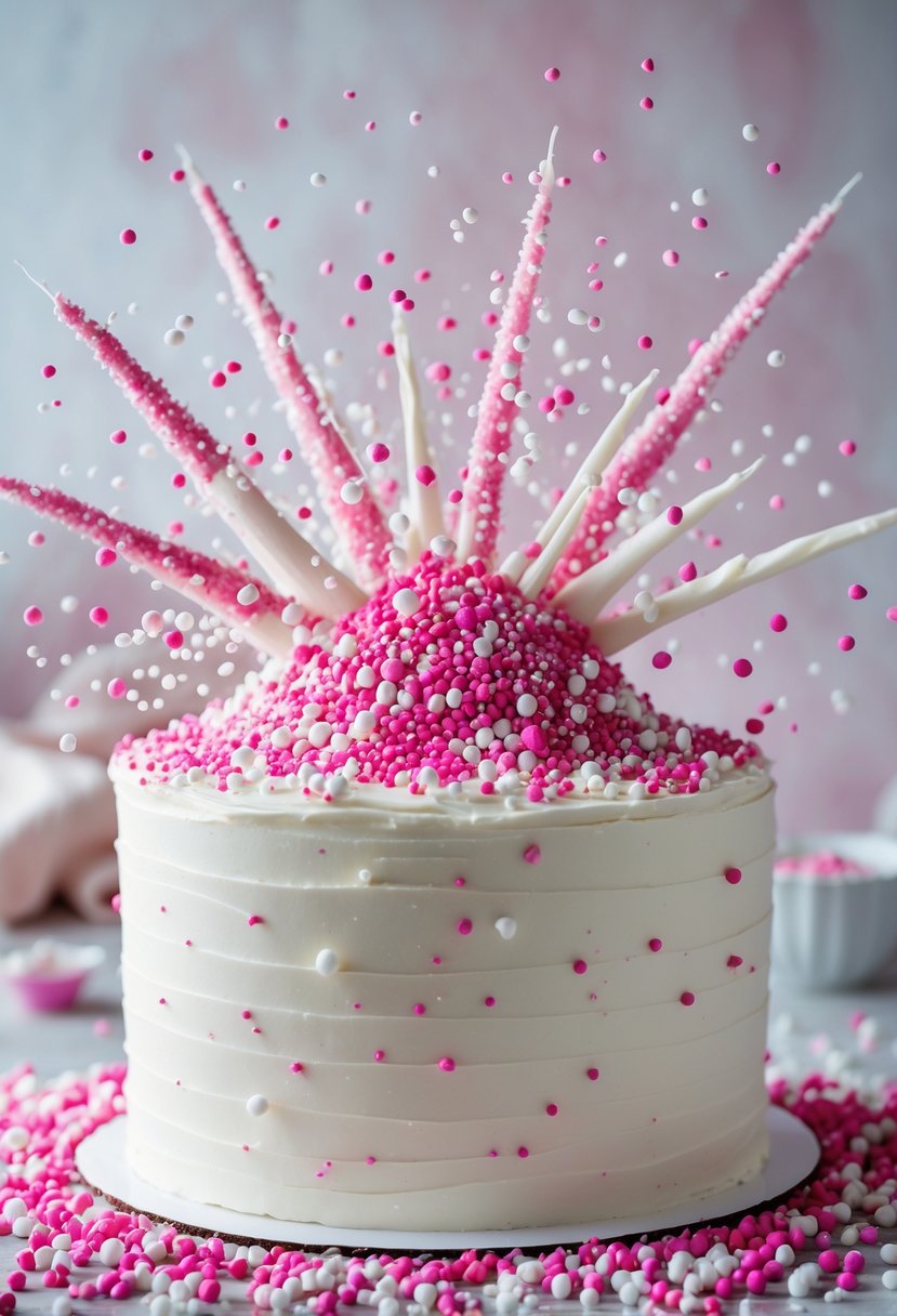 A white frosted cake with pink sprinkles bursting outward in an explosion of colorful sprinkles.