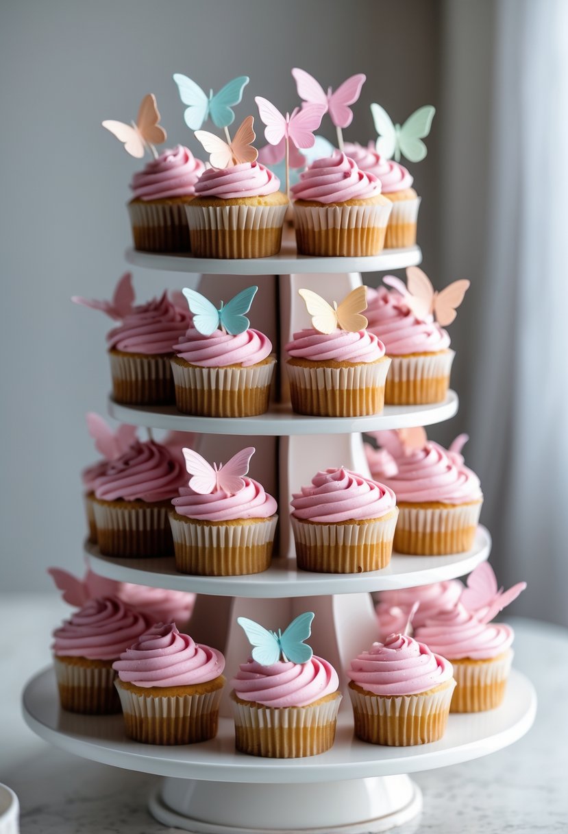 A tower of cupcakes with pink frosting topped with edible butterfly decorations on a white stand.