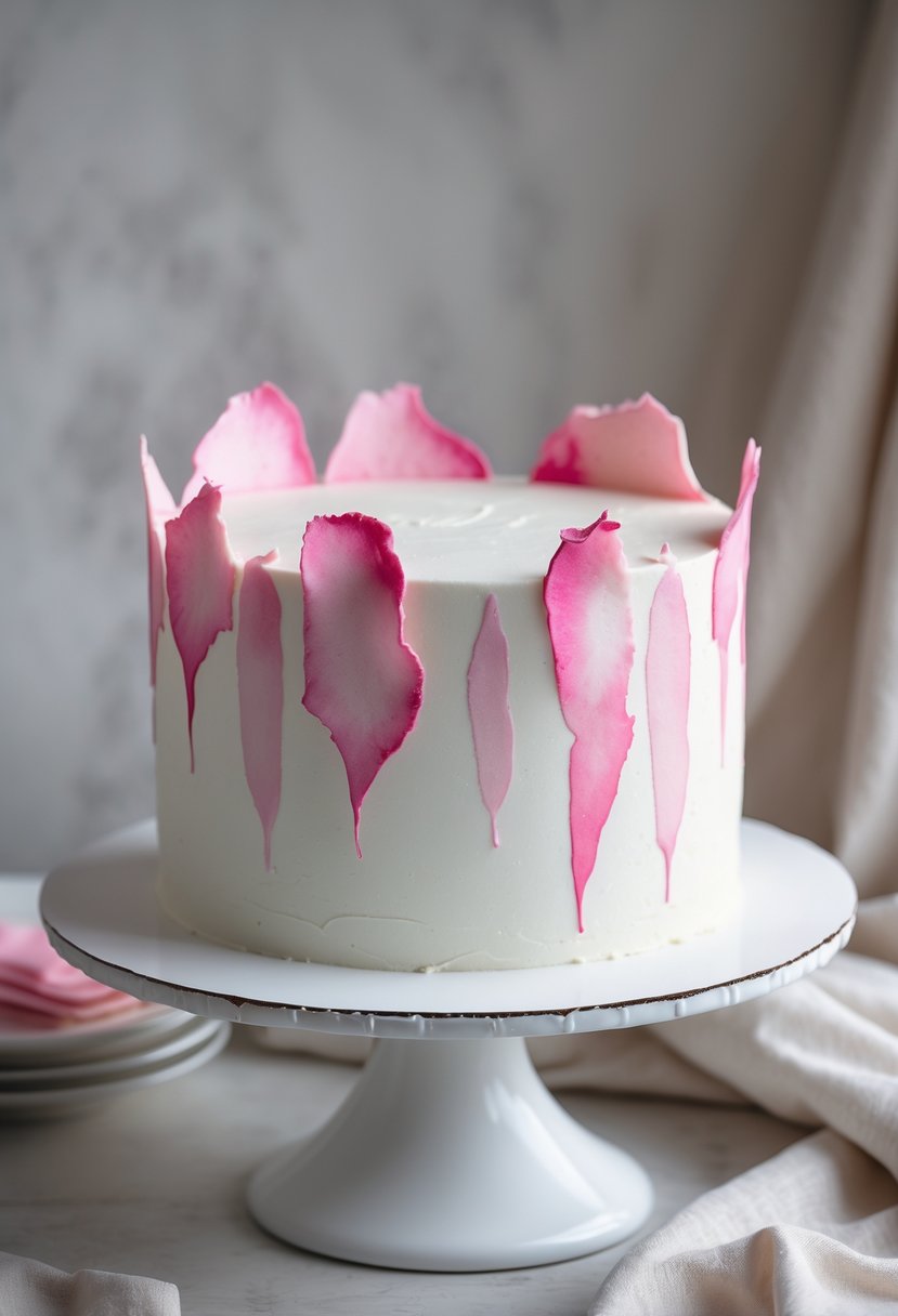 A white cake decorated with pink watercolor brush stroke designs on the frosting, displayed on a neutral background.