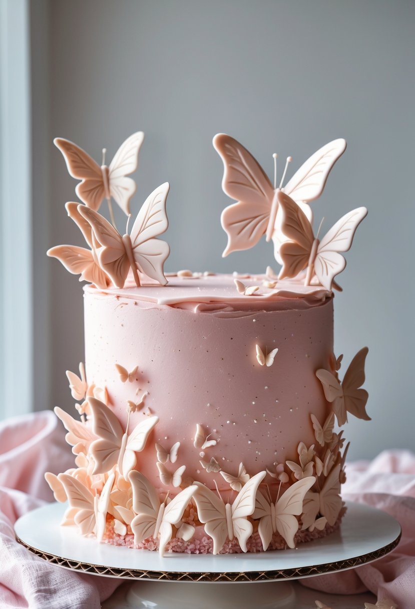 A pink frosted cake decorated with butterfly-shaped chocolate pieces on a plain background.