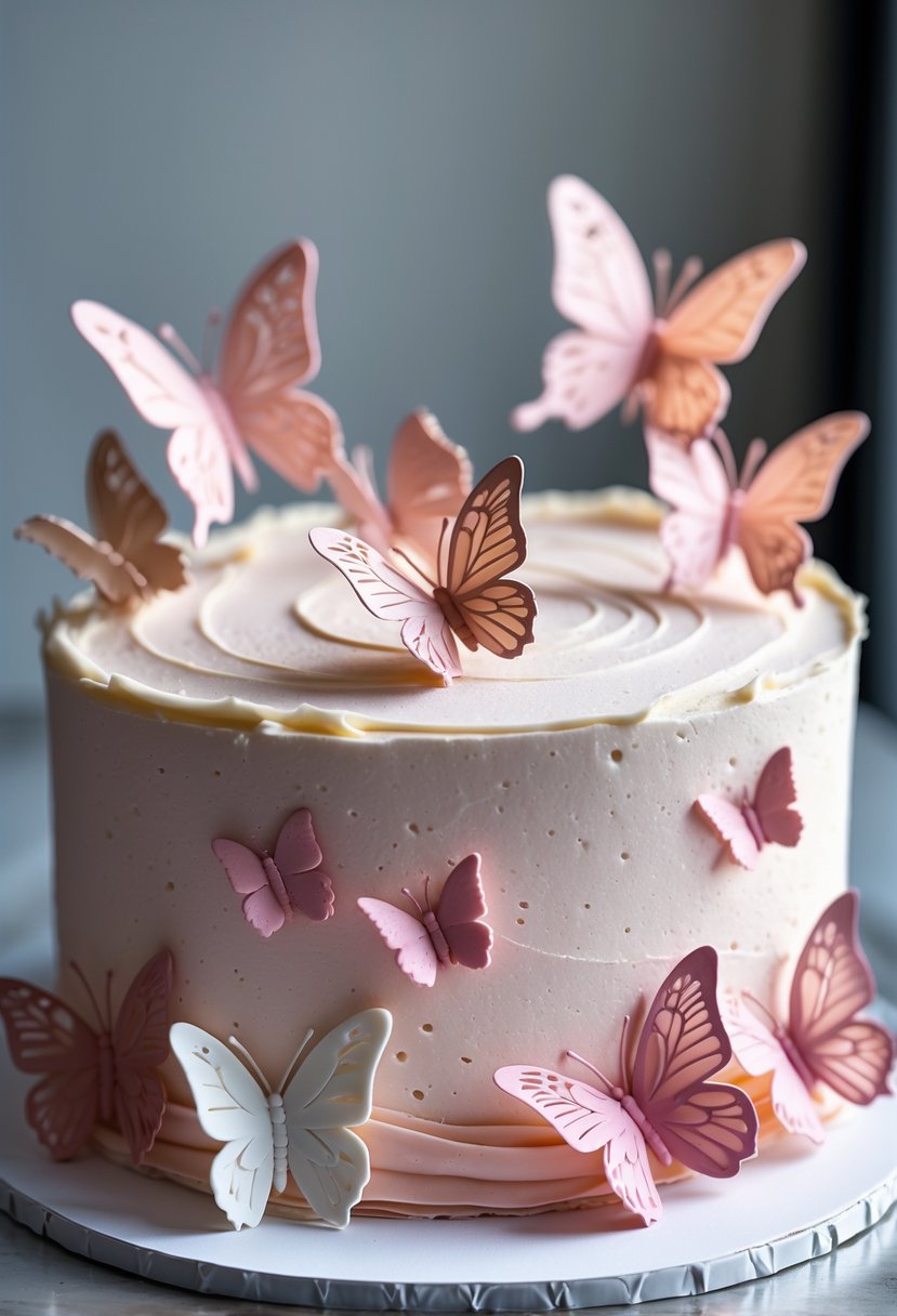 A buttercream cake decorated with pink butterfly shapes in different shades.