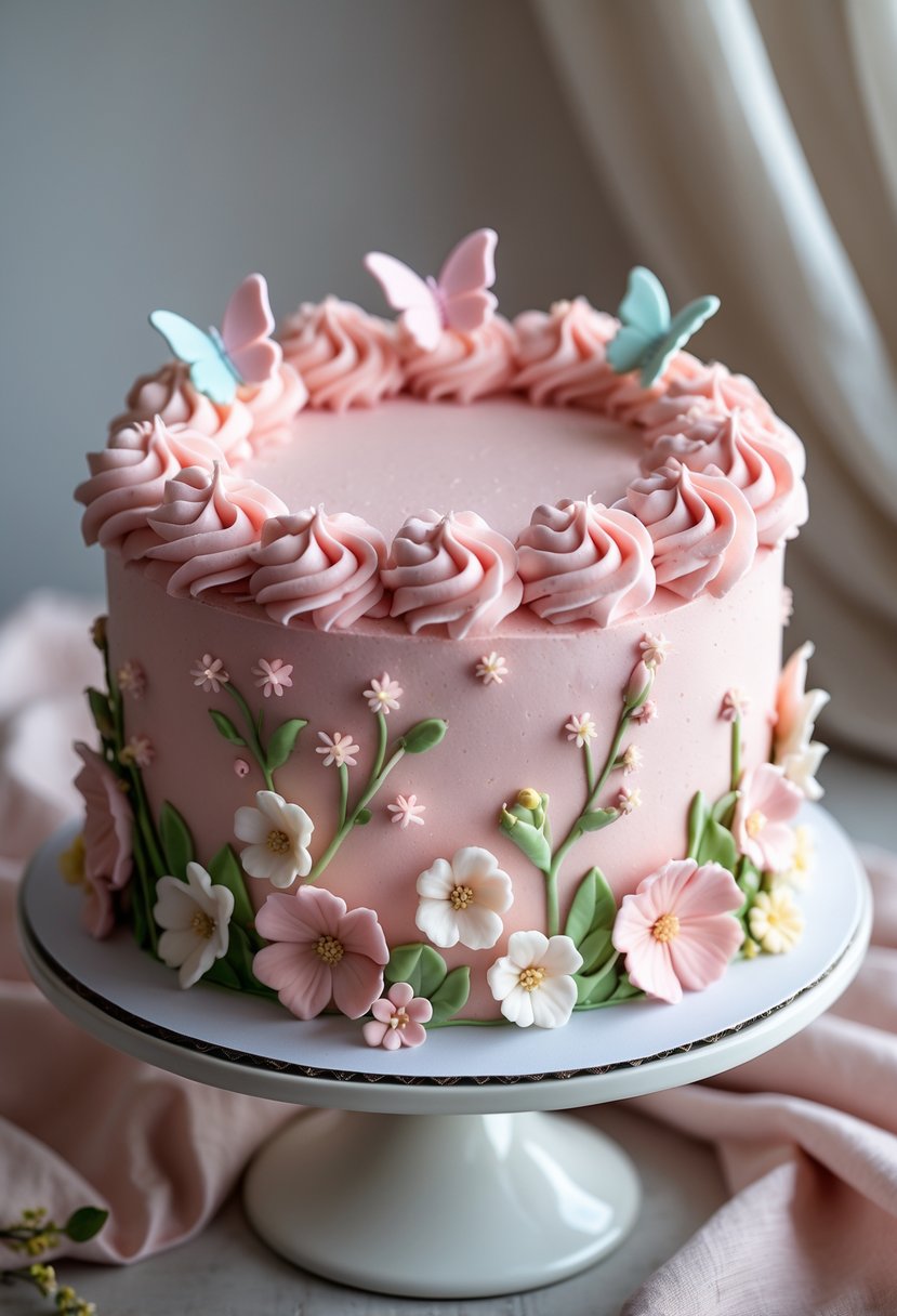 A pink floral cake decorated with small butterfly sugar decorations on a white cake stand.
