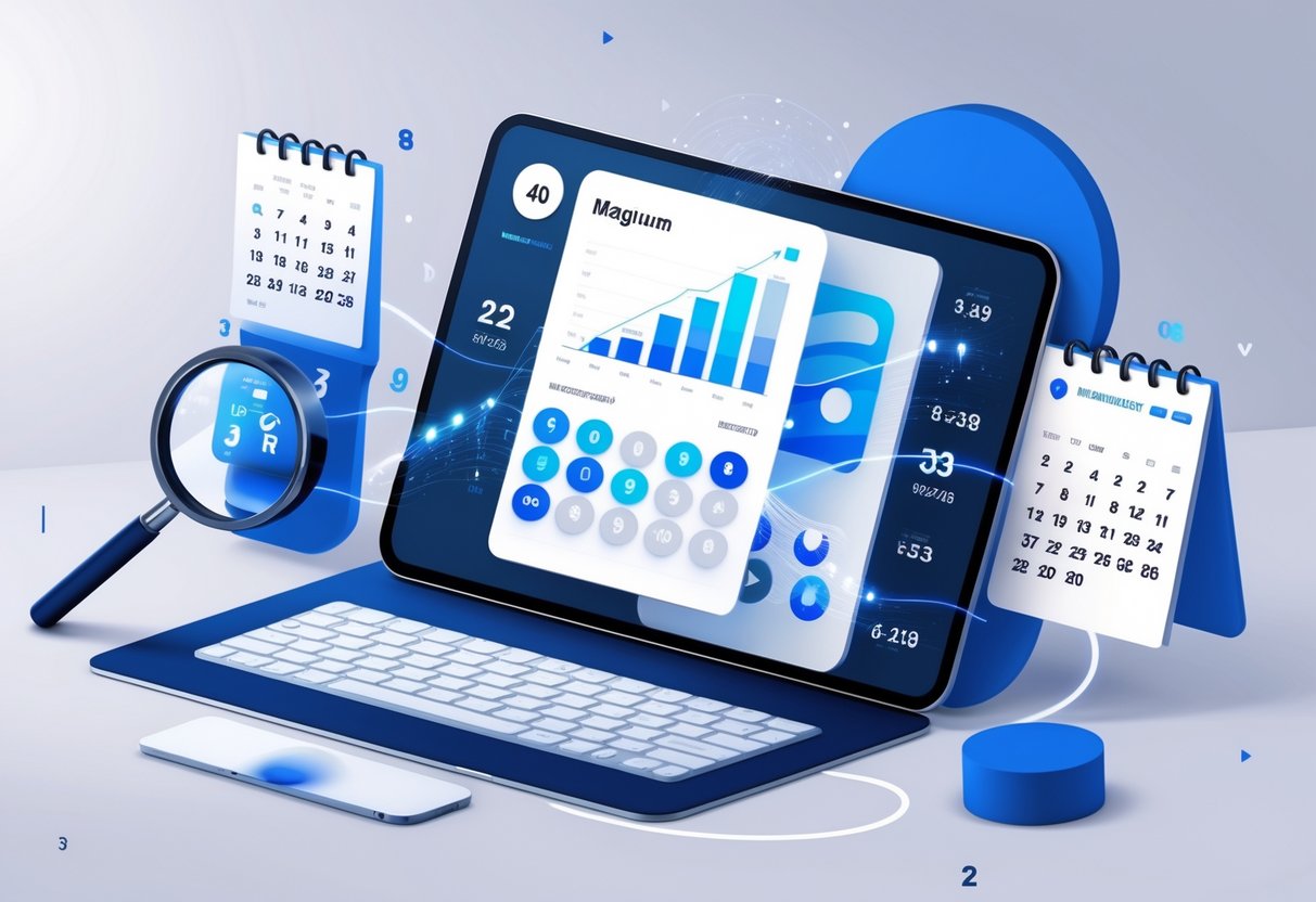 Sebuah meja kerja modern dengan layar digital yang menampilkan data angka dan pola prediksi lotere, dikelilingi alat seperti kaca pembesar dan kalender.