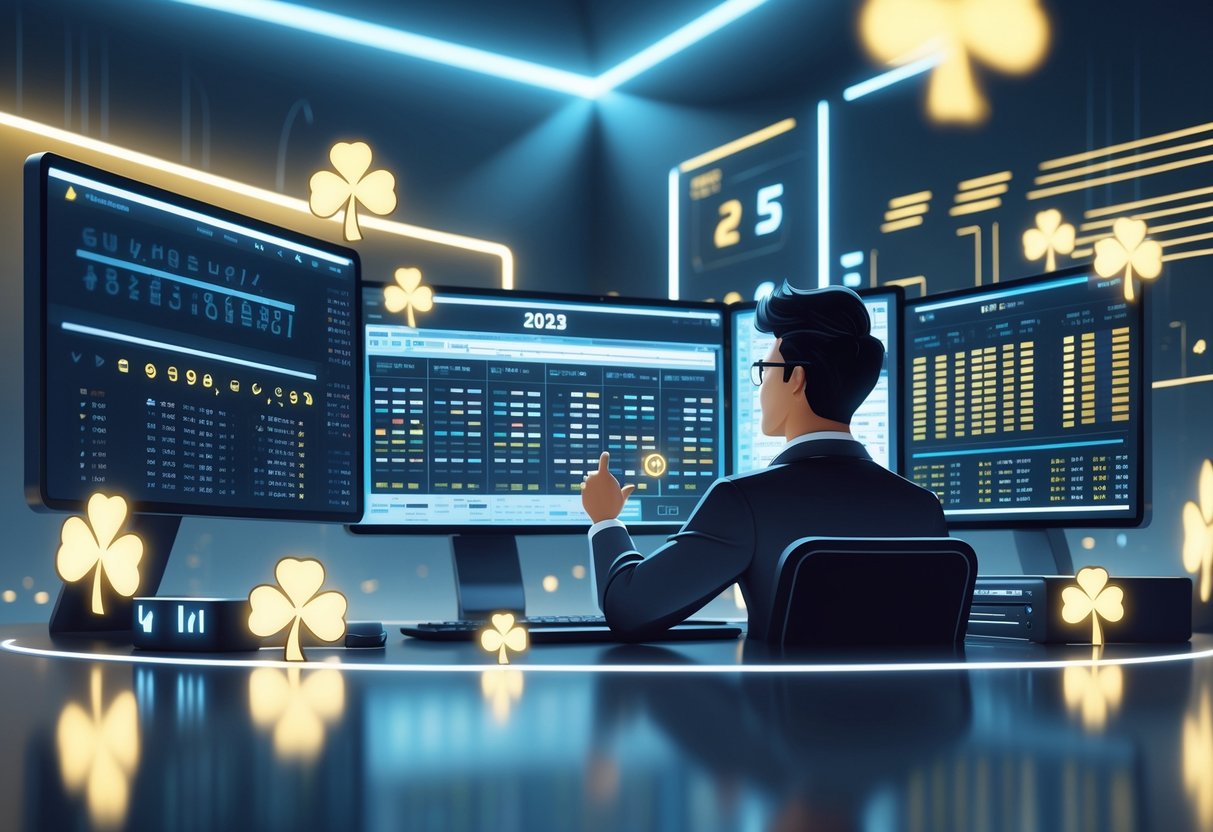 Seseorang sedang menganalisis data dan pola angka di layar komputer dalam suasana kerja modern dengan simbol keberuntungan di sekitarnya.