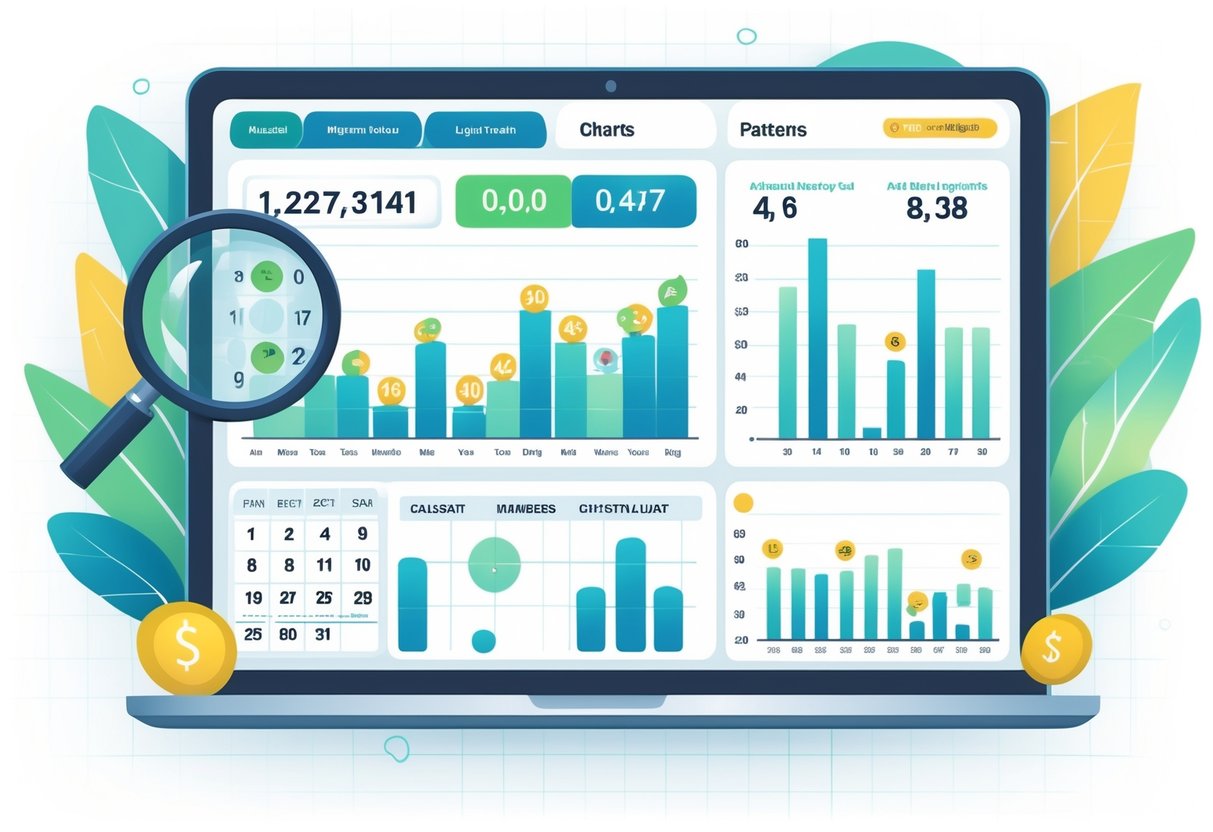Ilustrasi profesional yang menunjukkan analisis data dan pola nomor yang sering keluar pada permainan lotere Magnum 4D di Malaysia dengan grafik dan diagram angka.