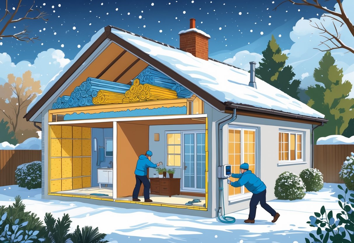 Cross-section of a house showing insulation in walls and attic, a person sealing window gaps, and another adjusting a thermostat, with snow falling outside.