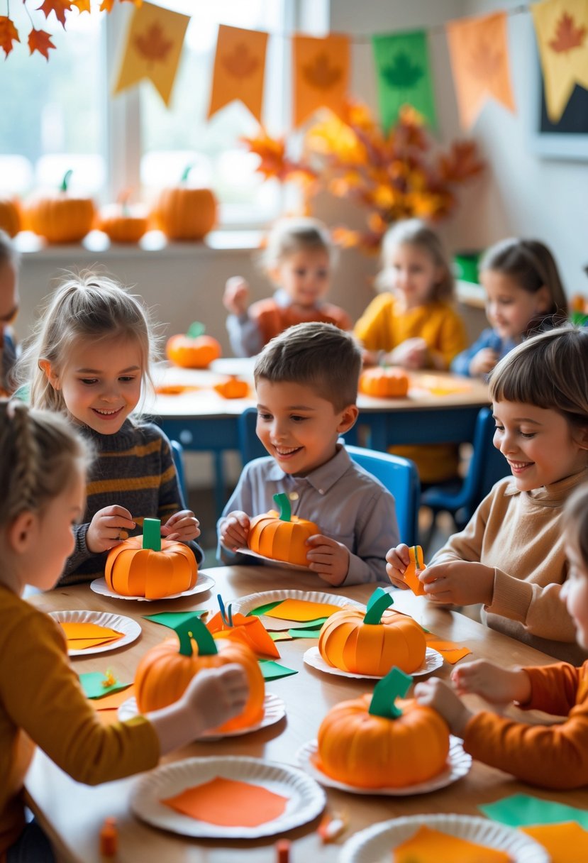 Children making pumpkin paper plate crafts at a decorated classroom table during fall.