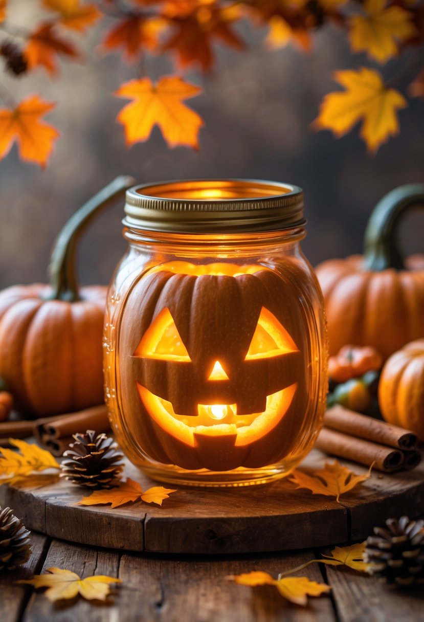 A glowing pumpkin lantern inside a mason jar on a wooden table surrounded by autumn leaves, small pumpkins, and pinecones.