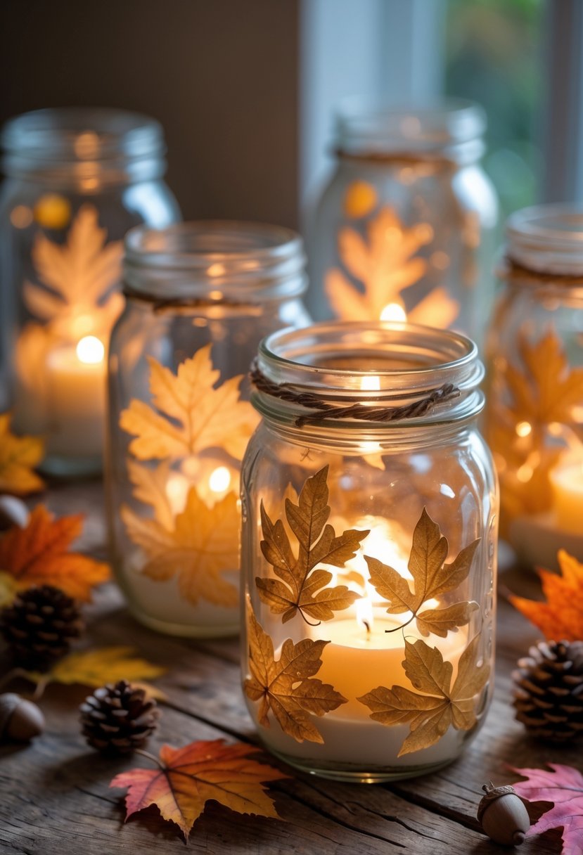 A group of mason jars with leaf patterns glowing softly on a wooden table surrounded by fall leaves and pinecones.