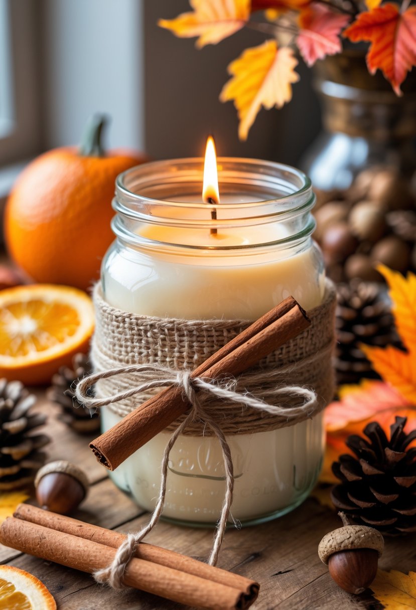 A lit mason jar candle wrapped with a cinnamon stick and twine, surrounded by fall leaves, pinecones, and dried orange slices on a wooden surface.