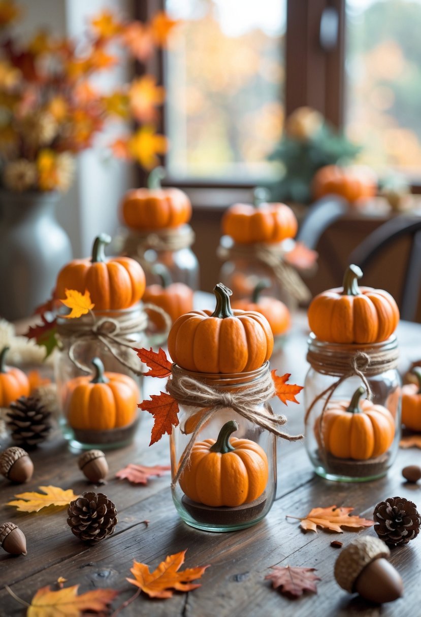 Mini pumpkin mason jars arranged on a wooden table with autumn leaves and fall decorations.