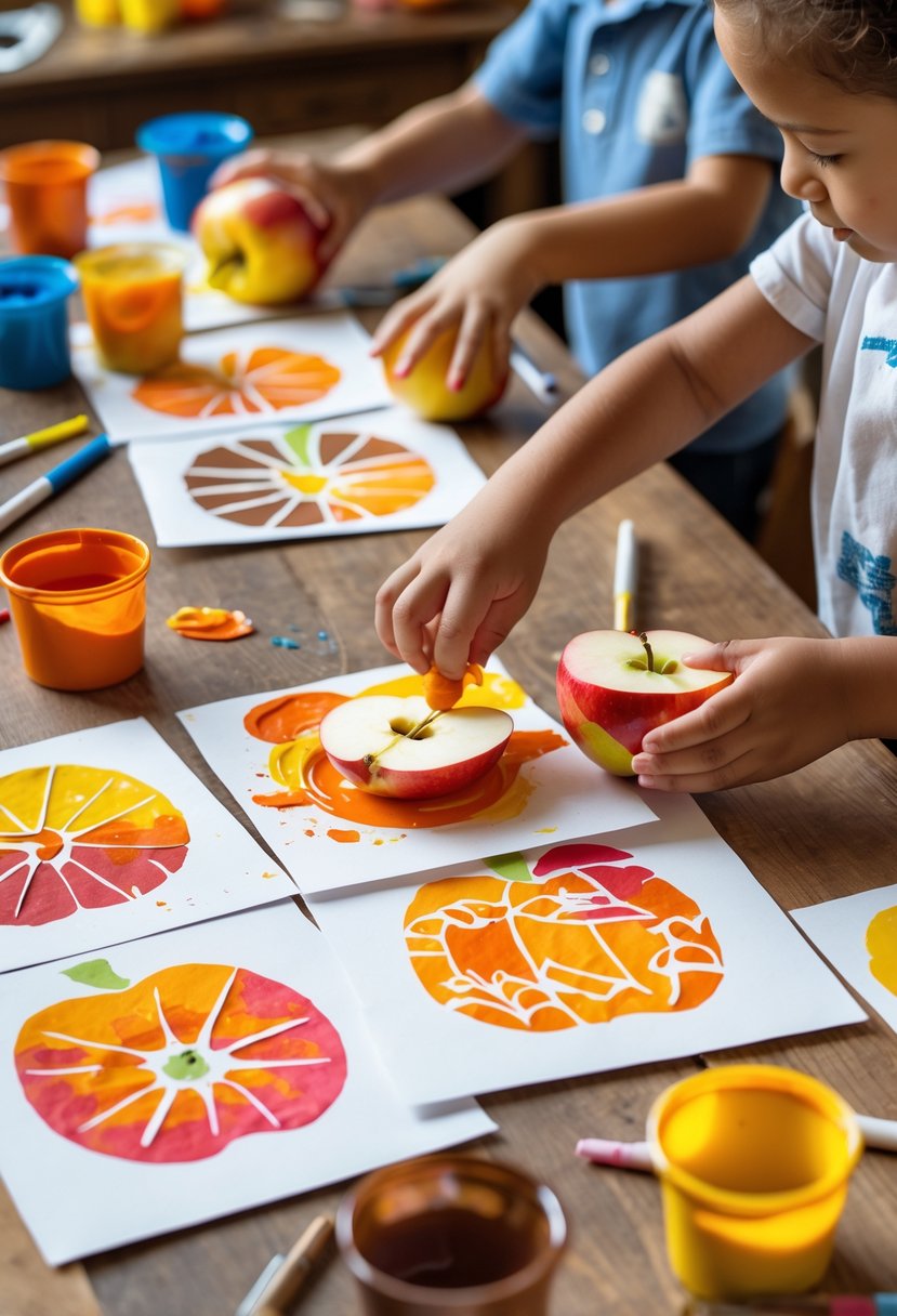 Children's hands stamping colorful apple prints onto paper during a fall craft activity on a wooden table.