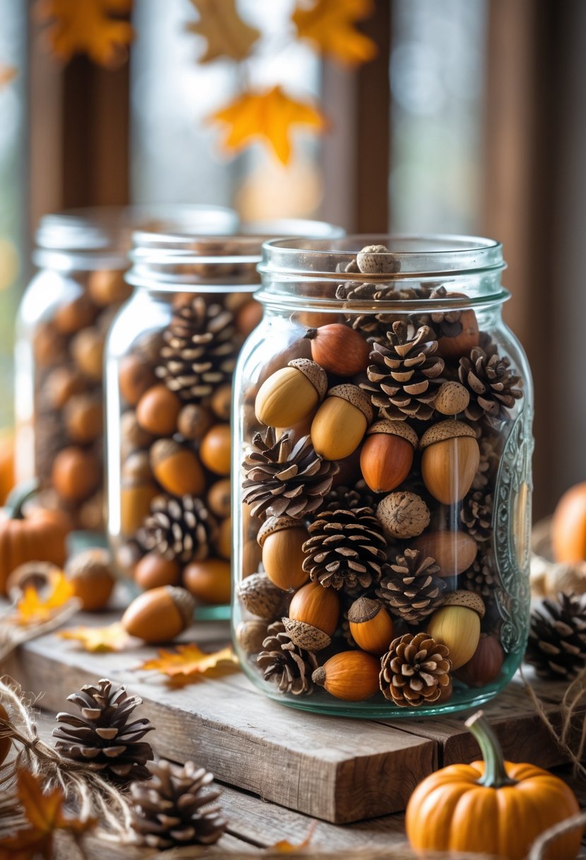 Mason jars filled with acorns and pinecones arranged on a wooden surface with fall decorations around them.