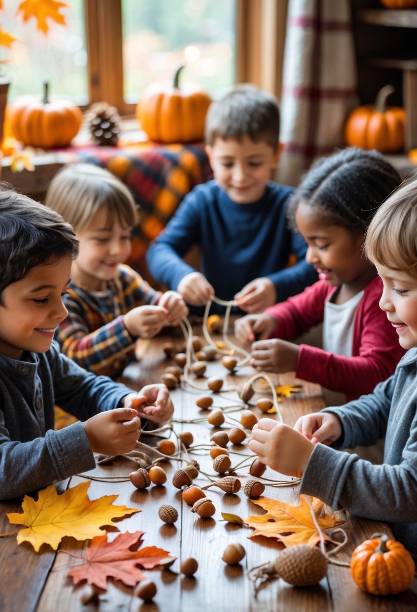 Children sitting around a table making acorn necklaces with fall leaves and craft supplies.