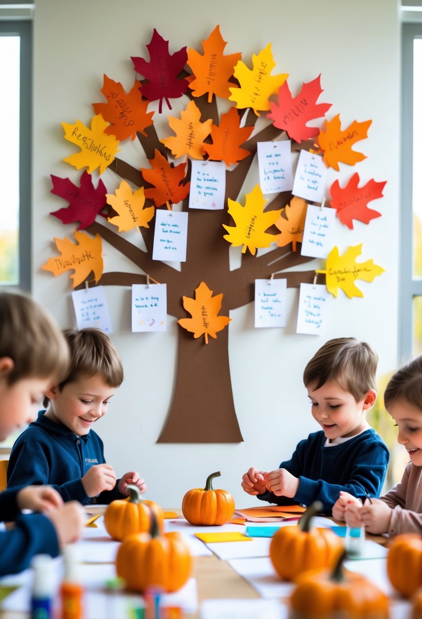 Children crafting a colorful fall-themed Thankful Tree wall hanging with paper leaves in a bright classroom.
