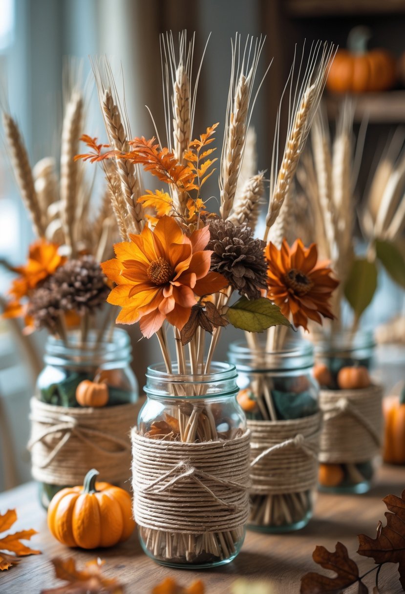 Several mason jars wrapped in twine and filled with dried wheat, autumn leaves, pumpkins, and flowers on a wooden table indoors.