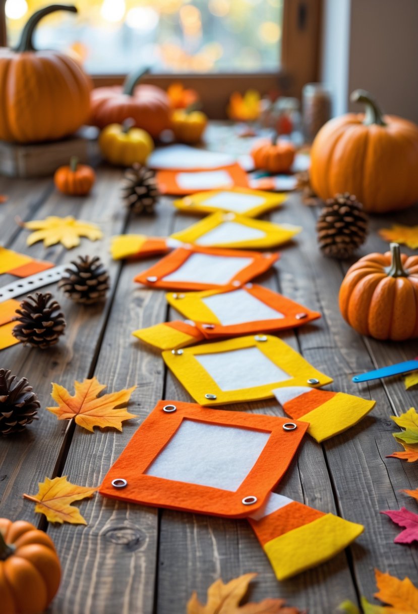 A colorful candy corn felt banner hanging above a table with autumn decorations and children's craft supplies.