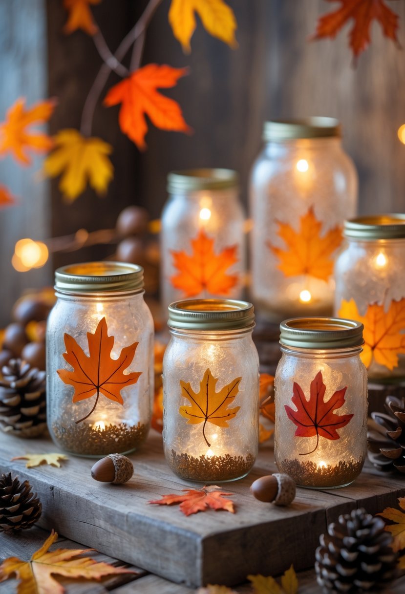 A collection of mason jars painted with fall leaves arranged on a wooden surface surrounded by autumn leaves and pine cones.