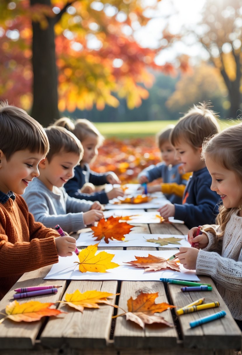 Children sitting around a table outdoors making leaf rubbing art with autumn leaves and crayons.