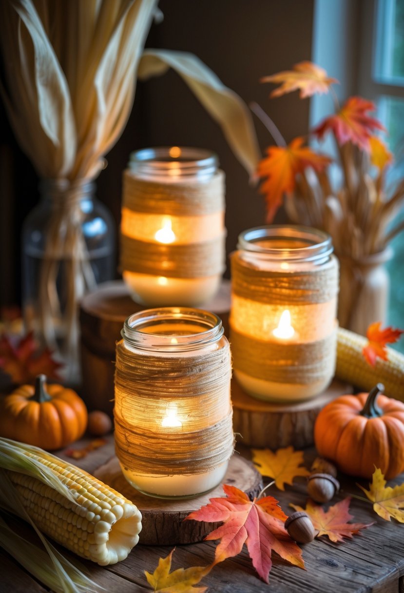 Mason jar lanterns wrapped in corn husks glowing warmly on a rustic wooden table surrounded by autumn leaves and small pumpkins.