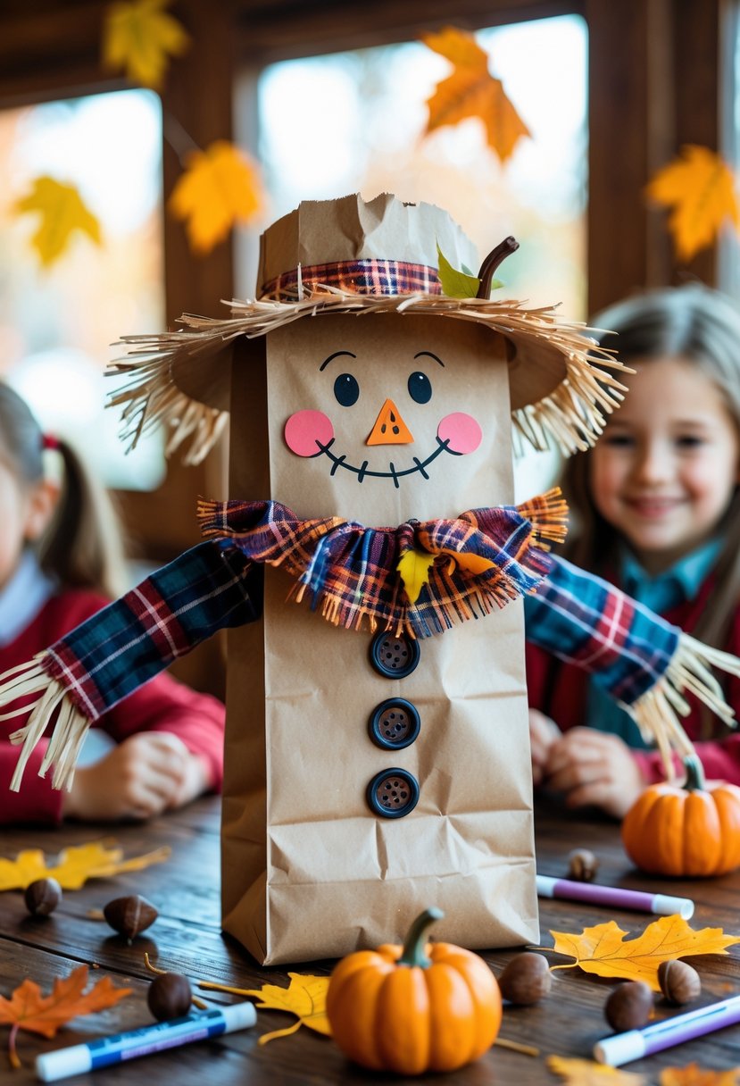 A paper bag scarecrow craft on a wooden table surrounded by fall craft supplies and children's hands working on projects.