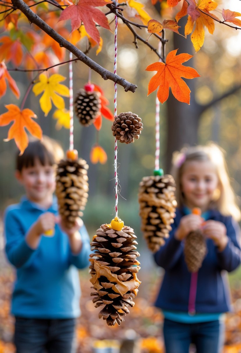 Pinecone bird feeders hanging from tree branches surrounded by colorful autumn leaves with children’s hands crafting in the background.