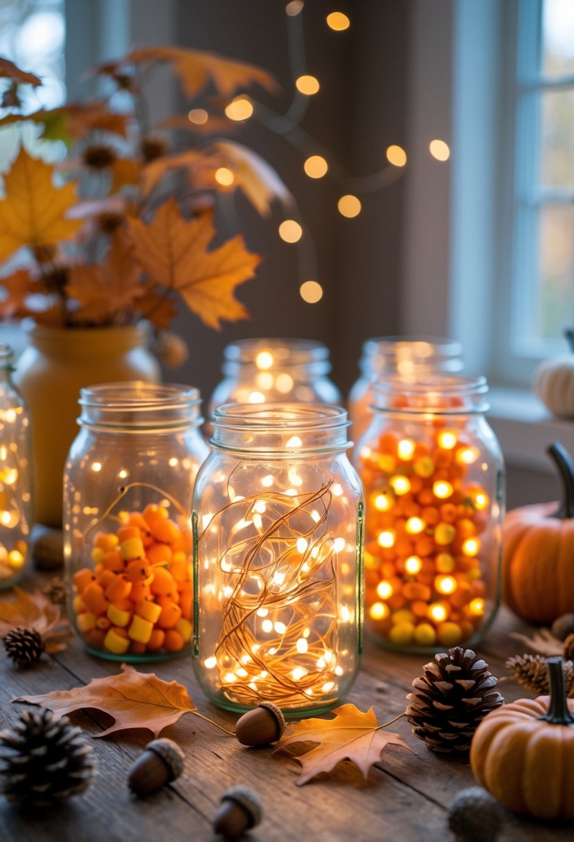 Mason jars decorated in candy corn colors with glowing string lights inside, arranged on a wooden table surrounded by autumn leaves, pumpkins, and pine cones.