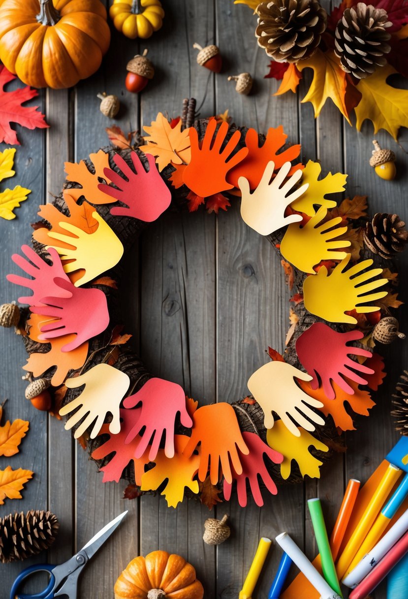 A colorful fall wreath made from children's handprint cutouts arranged on a wooden table with craft supplies around it.