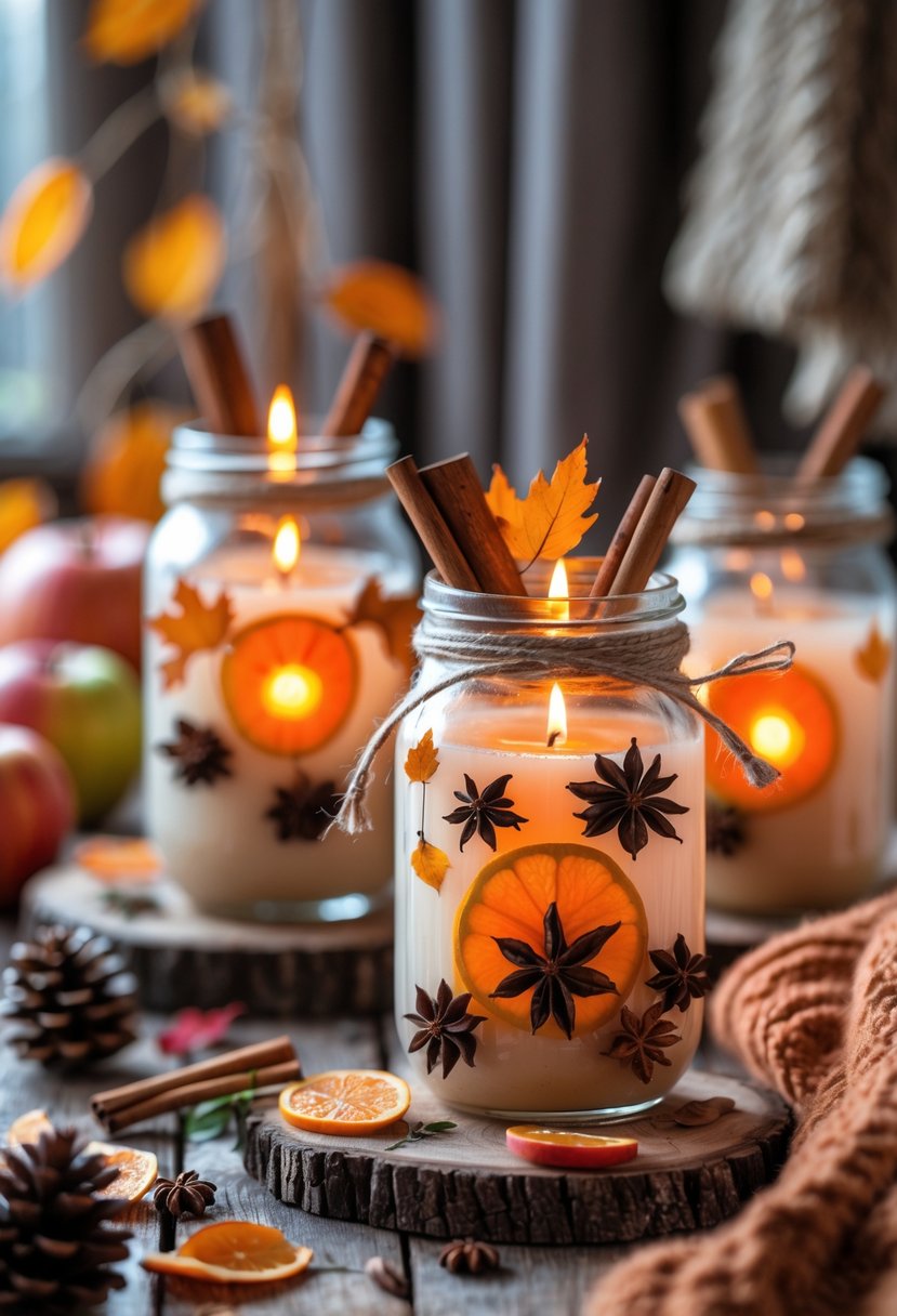 Mason jars decorated with autumn elements and glowing candles on a wooden table surrounded by fall leaves and apples.