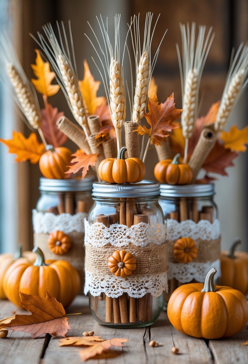 A group of mason jars wrapped in burlap and lace, decorated with fall elements like pumpkins, dried wheat, and autumn leaves on a wooden table.