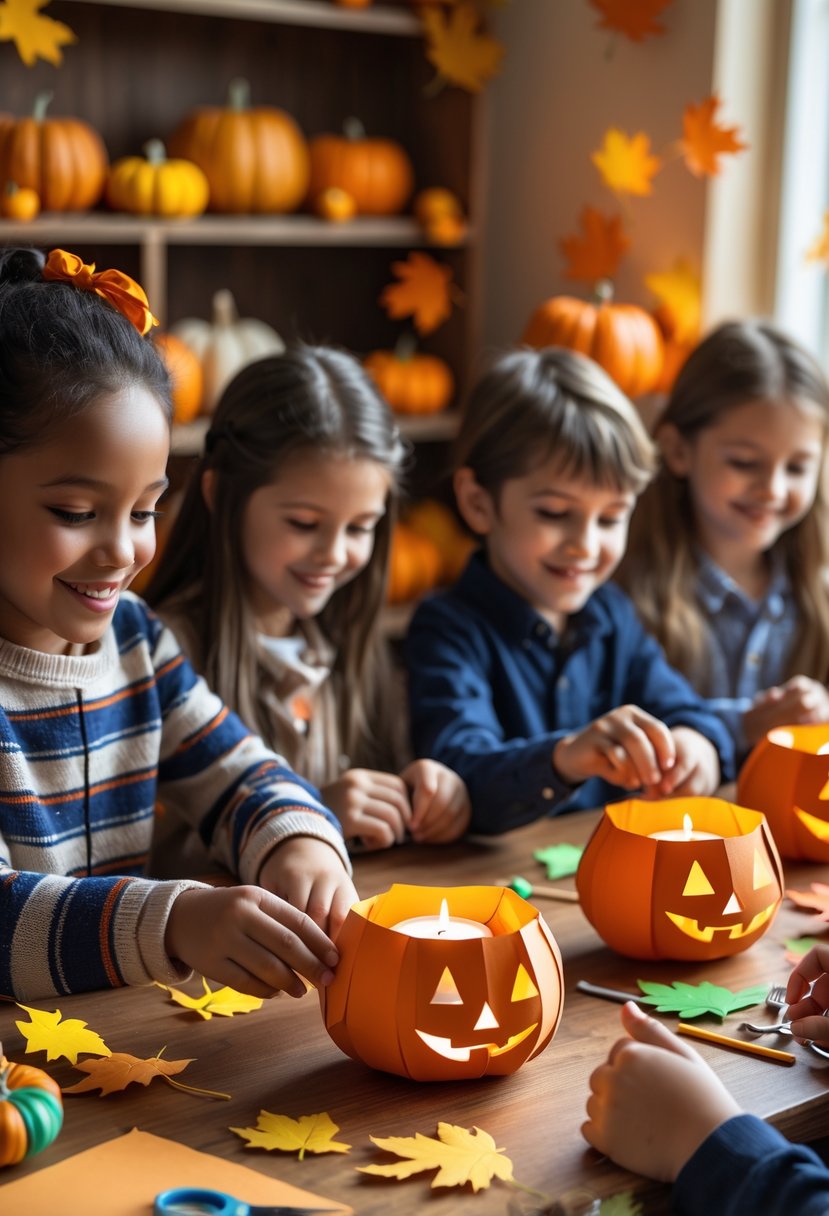 Children making paper pumpkin luminaries at a table decorated with fall-themed crafts and supplies.