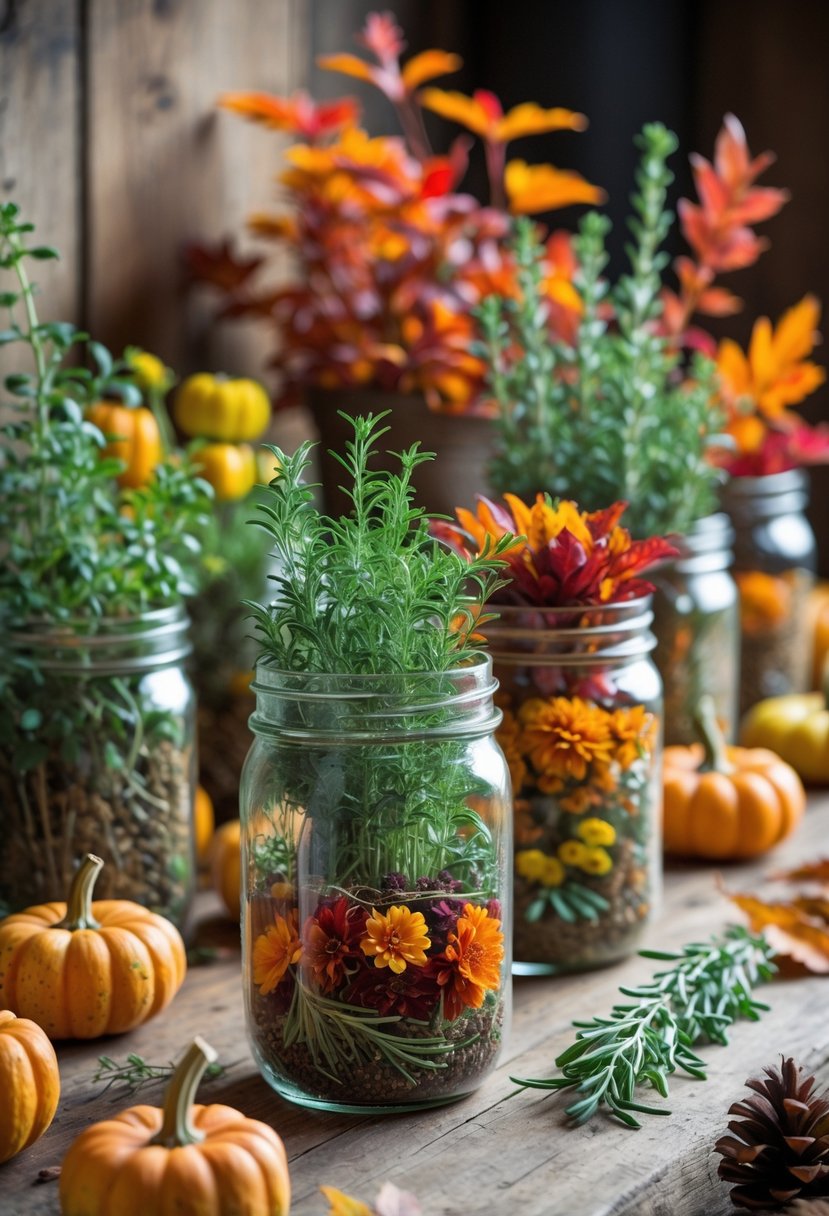 Several mason jars filled with autumn herbs and plants arranged on a wooden surface with fall decorations around them.