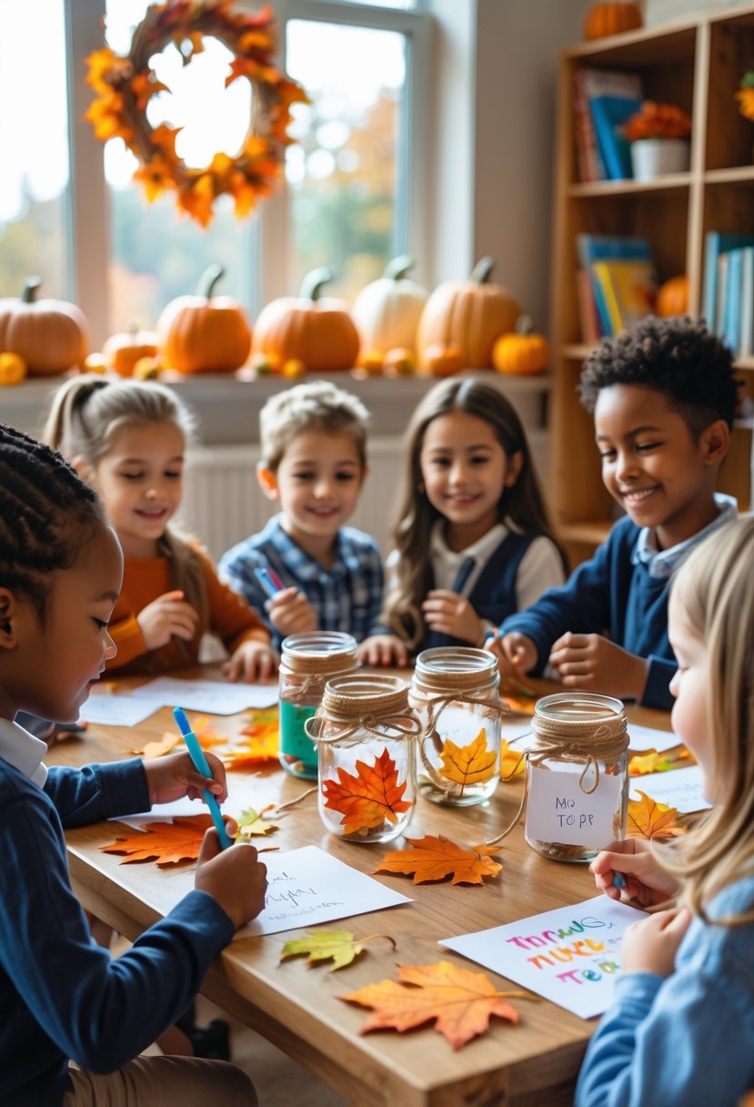 Children sitting around a table making gratitude jars with autumn craft supplies in a bright classroom.