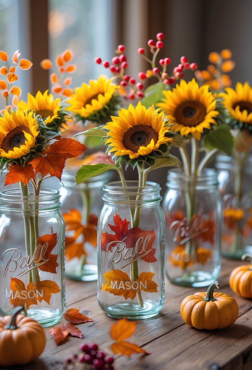 Several mason jars filled with sunflowers and autumn leaves arranged on a wooden table.