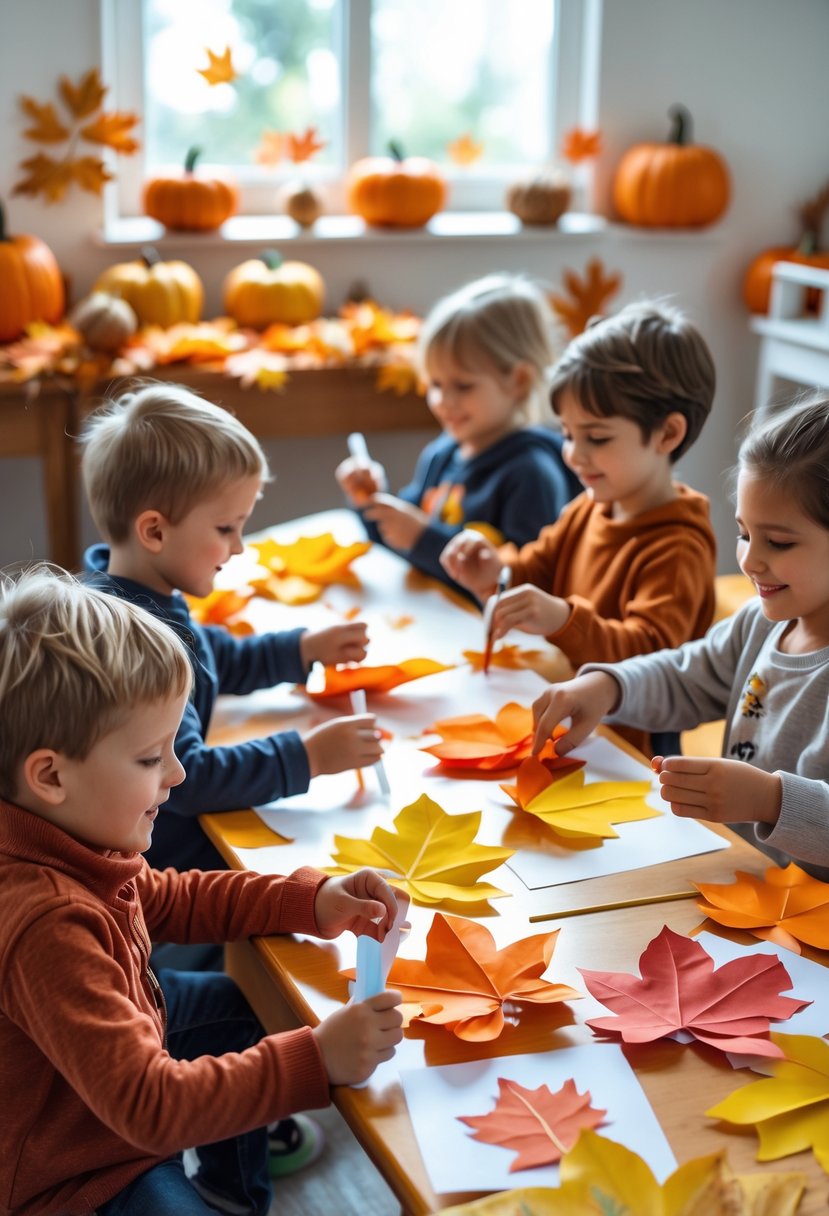 Children sitting around a table making colorful tissue paper fall leaves during a Sunday school craft activity.