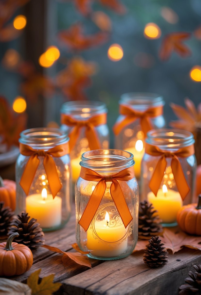 Several glowing mason jar lanterns tied with orange ribbons placed on a wooden surface surrounded by autumn leaves and small pumpkins.