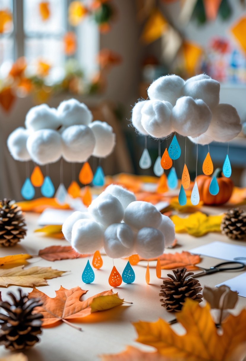 Table displaying colorful fall crafts with cotton ball clouds and raindrops, surrounded by autumn leaves and craft supplies.