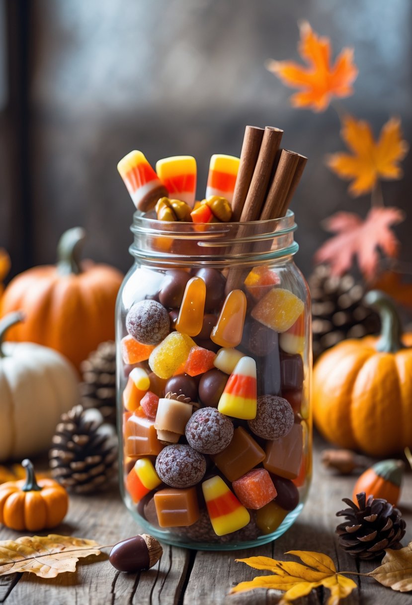 A glass mason jar filled with various fall-themed candies on a wooden table surrounded by pumpkins, autumn leaves, acorns, and pine cones.