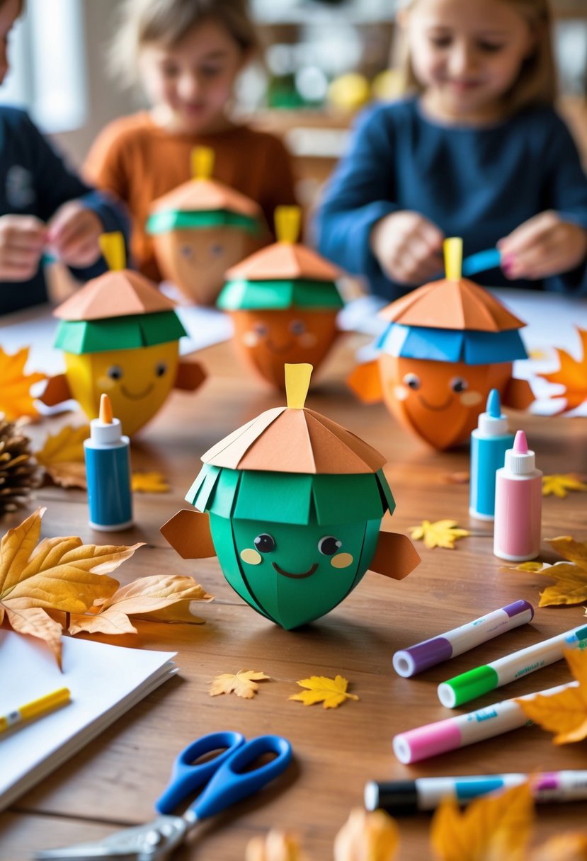Colorful paper acorn puppets and craft supplies on a wooden table with children crafting in the background.