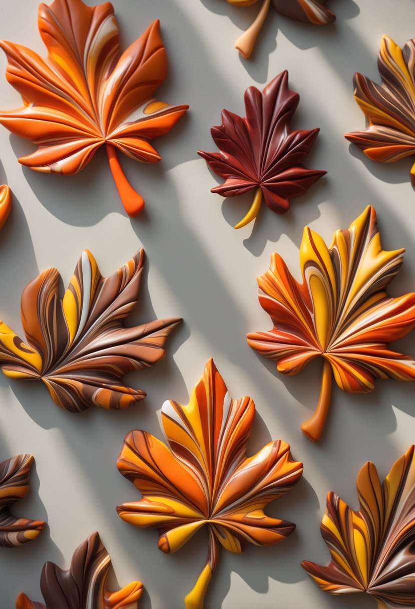 Close-up of colorful marbled polymer clay leaves in various fall shapes and colors arranged on a neutral background.