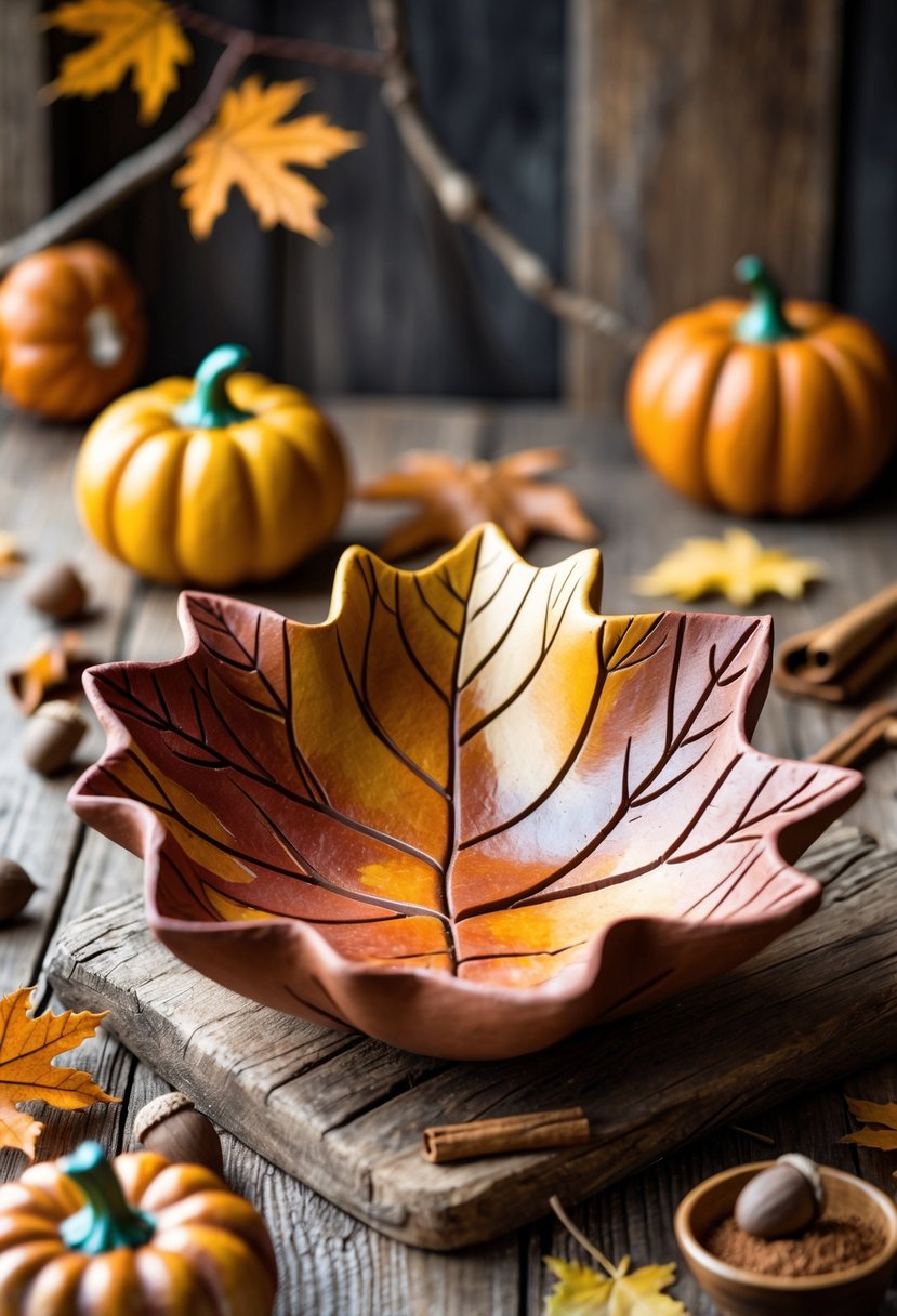 A leaf-shaped clay bowl on a wooden surface surrounded by autumn decorations like pumpkins, acorns, and dried leaves.
