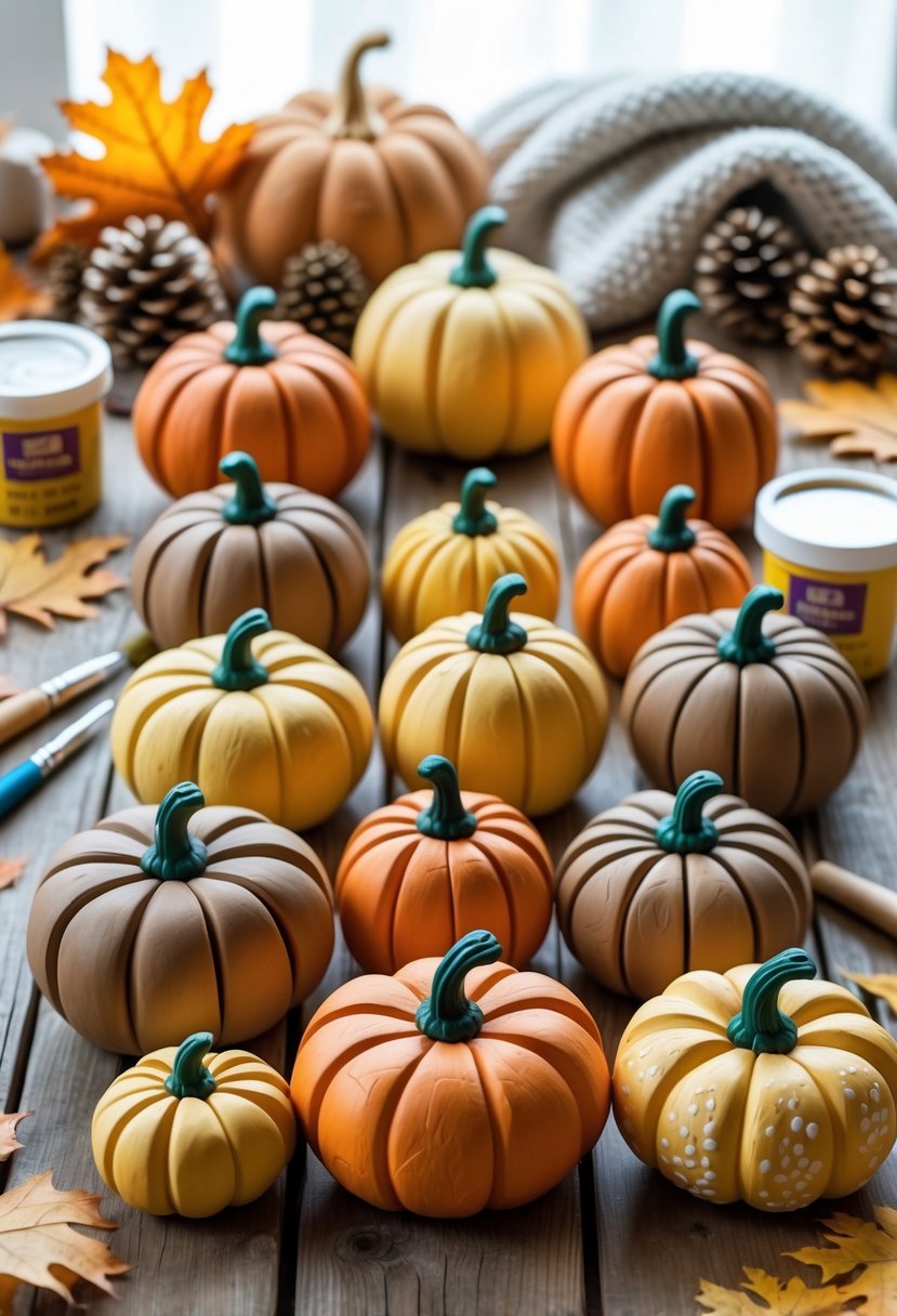 A group of colorful clay pumpkin figurines on a wooden table surrounded by craft tools and autumn decorations.